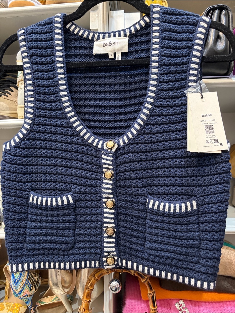 ba&sh Navy and White Crocheted Knit Button-Front Vest